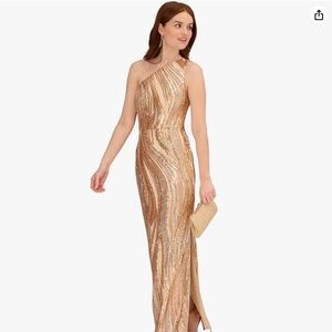 NWT Gown, Adrianna Pappell, Gold and Platino- stunning and flattering, PRISTINE